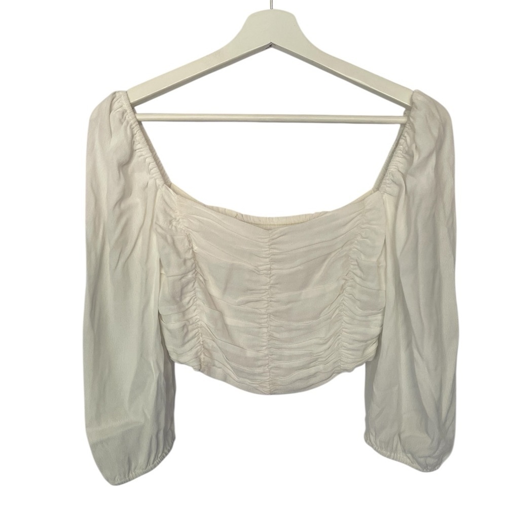 Aritzia Wilfred Ruched Puff Sleeve Blouse Cropped Romantic Boho Corset Size M